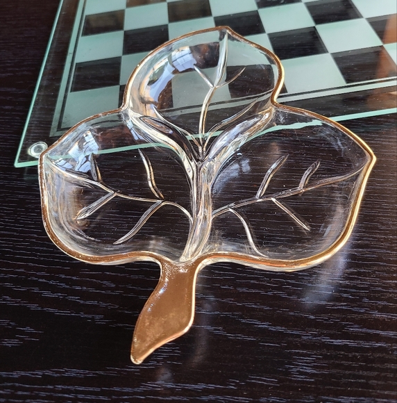 Vintage Other - Vintage MAPLE LEAF Candy / Relish Dish Hazel Atlas Clear Glass - gold tr…